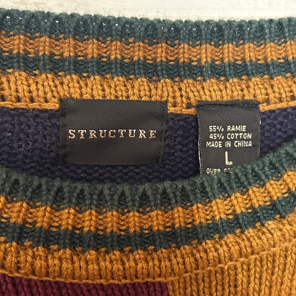VTG 90s Structure Geometric Colorblock Sweater Large Ramie Cotton Grandpa Core - Picture 5 of 8